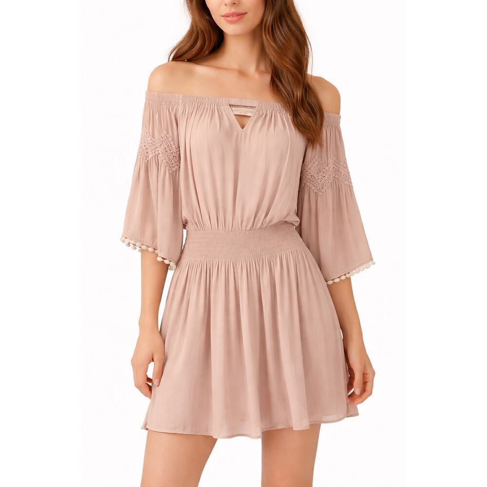 Ramy Brook Off-the-Shoulder Smocked Waist Mini Dress Size Small NWOT Blush Pink